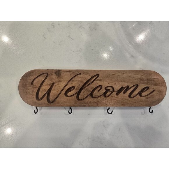 Rustic Wood "Welcome" Wall-Mounted Key Holder With 4 Hooks - Picture 3 of 4